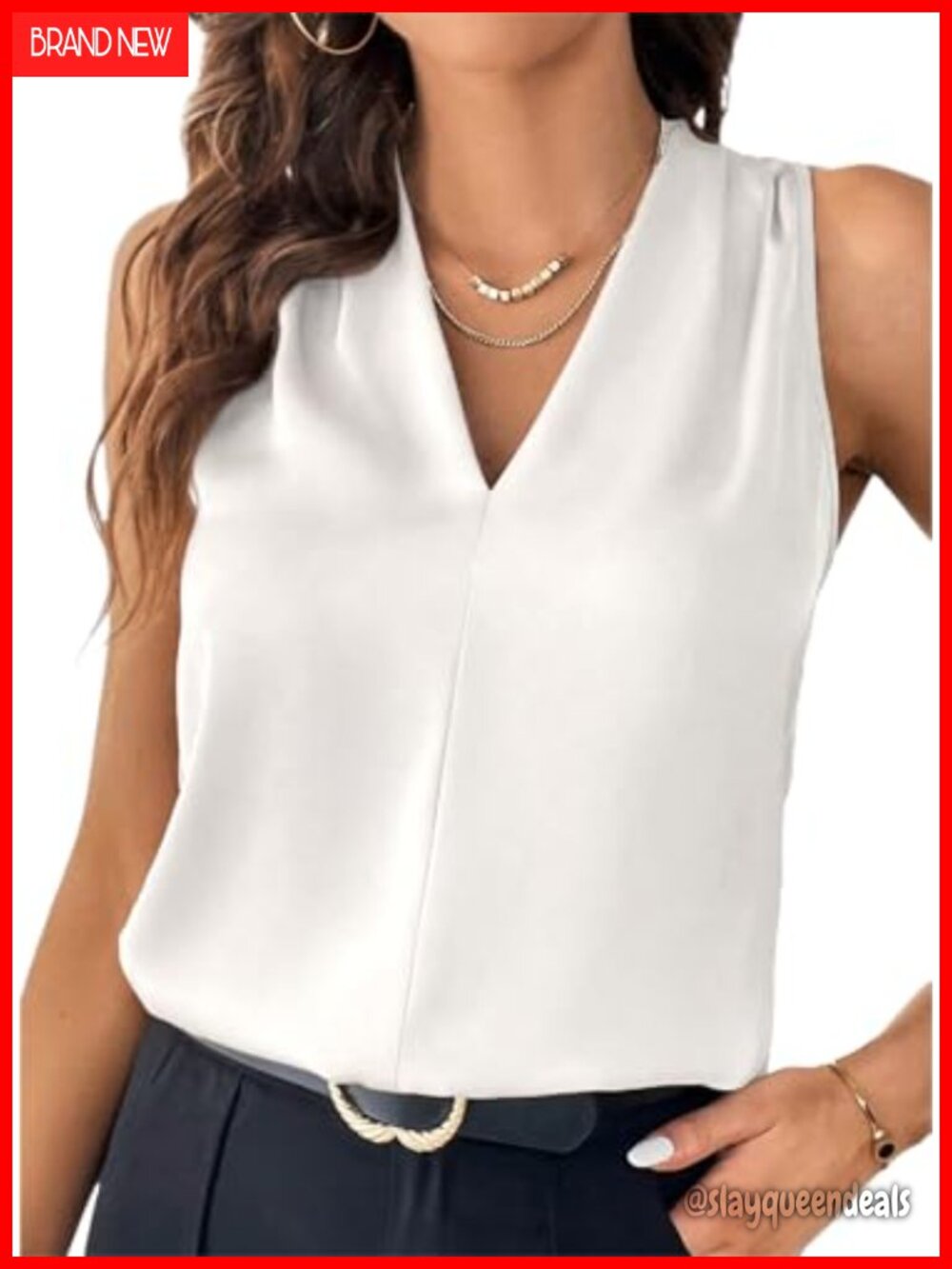 Sleeveless Pleated V Neck Tank Top Loose Fit Business Casual Women's